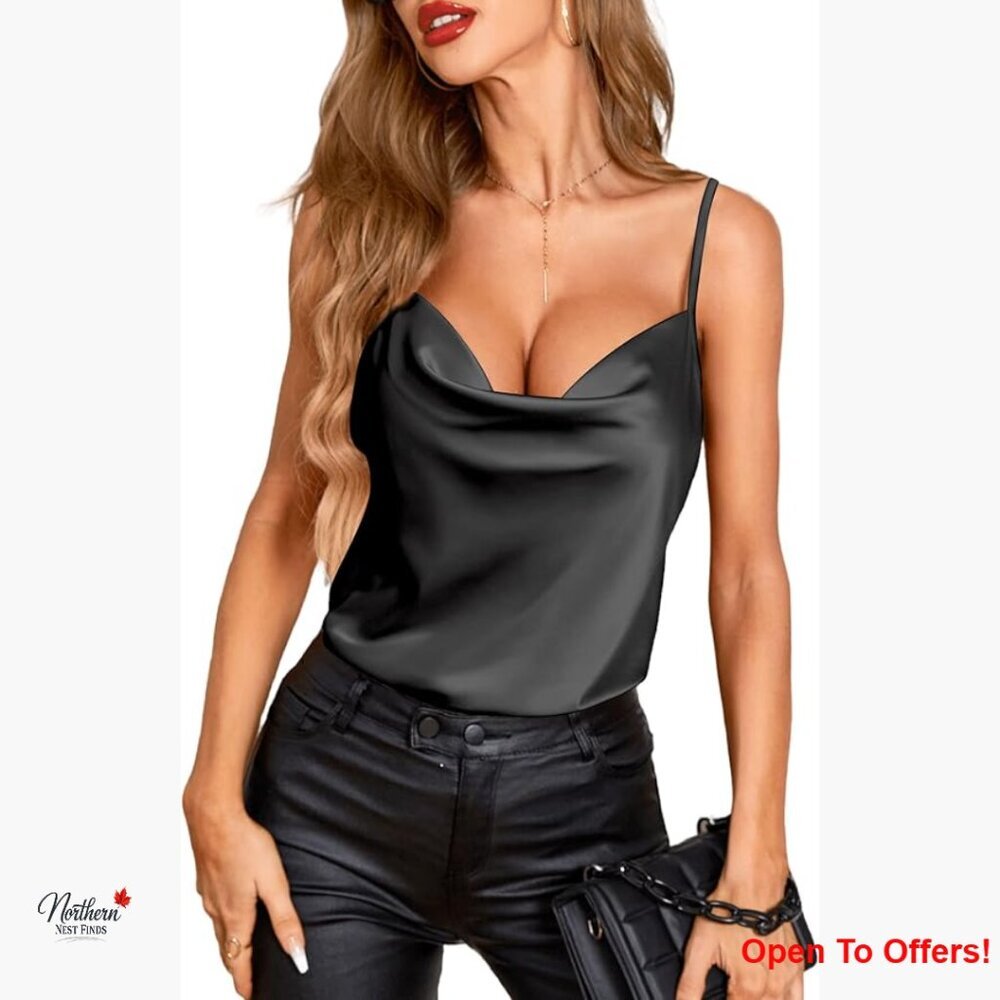 Satin Cowl Neck Tank Top Camisole Sleeveless Blouse